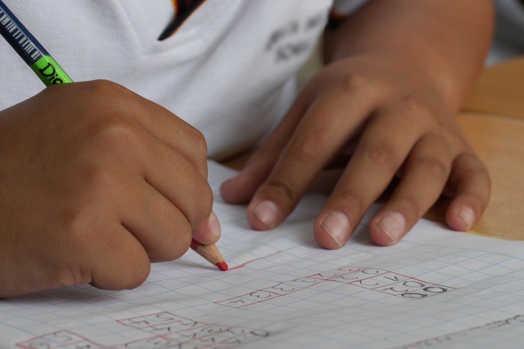 Boy using a pencil to do maths in an exercise book