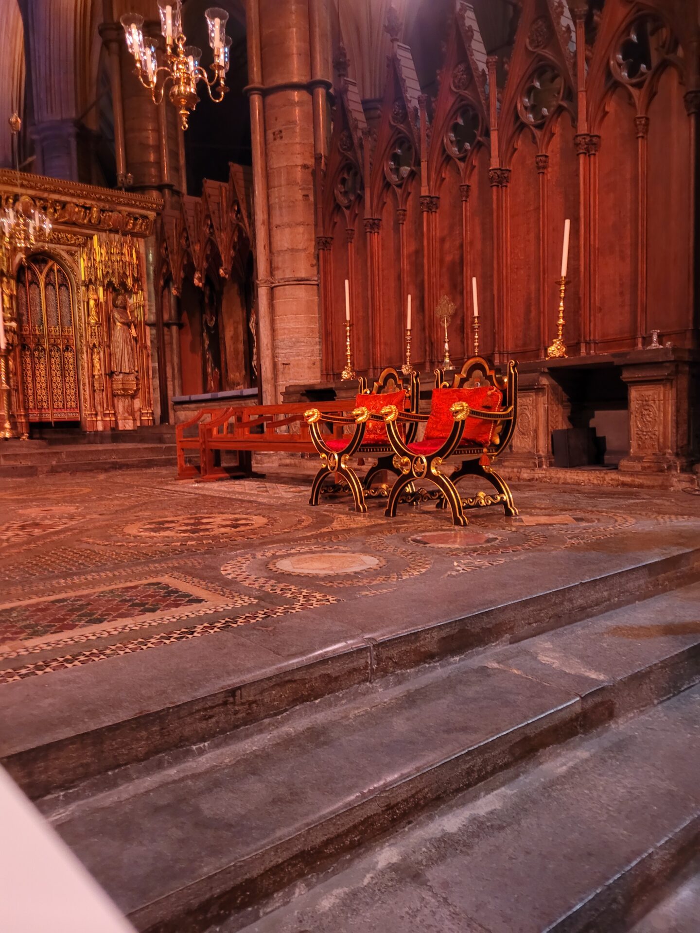 The row of red seats where the royal family sit in Westminster Abbey