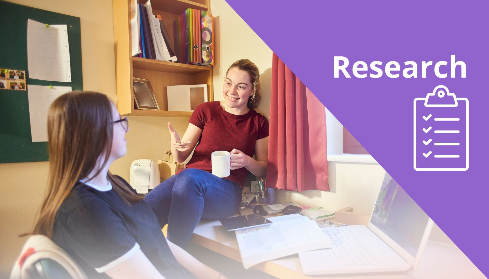 Image of university students talking and a research logo